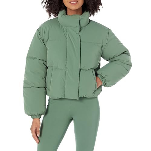 Amazon Essentials Women's Cropped Full-Zip Puffer Jacket (Quilted Matte or Sherpa Fleece), Sage Green, X-Small | Amazon (US)