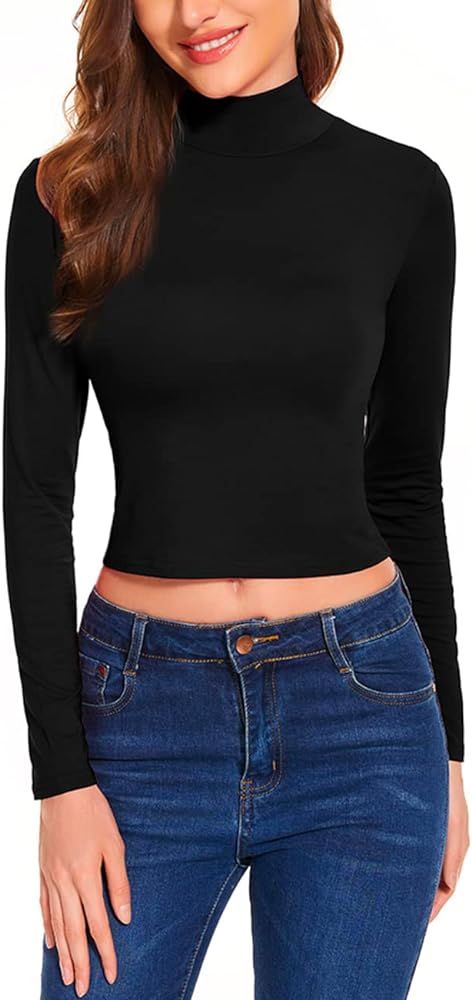Women's Mock Turtleneck Fitted Crop Tops Basic Long Sleeve Layering Crop T Shirts | Amazon (US)