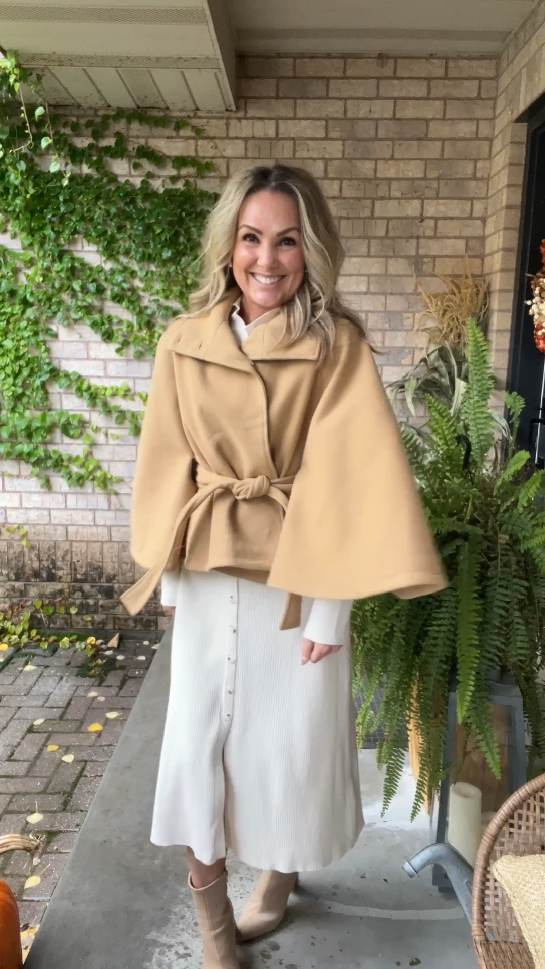 Classy Sunday style outfit for church. 
Cream colored sweater dress wearing L
Cape coat wearing size M  

#LTKSeasonal #LTKOver40 #LTKdayinmylife