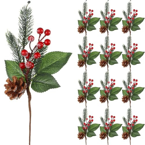 Boao 12 Pcs 11'' Large Christmas Pine Picks Tree Decoration Red Berry Picks and Sprays with Cone Artificial Fake Branches Snowy Floral Flower Holly Pine for Tree Crafts Decor Faux Stem | Amazon (US)