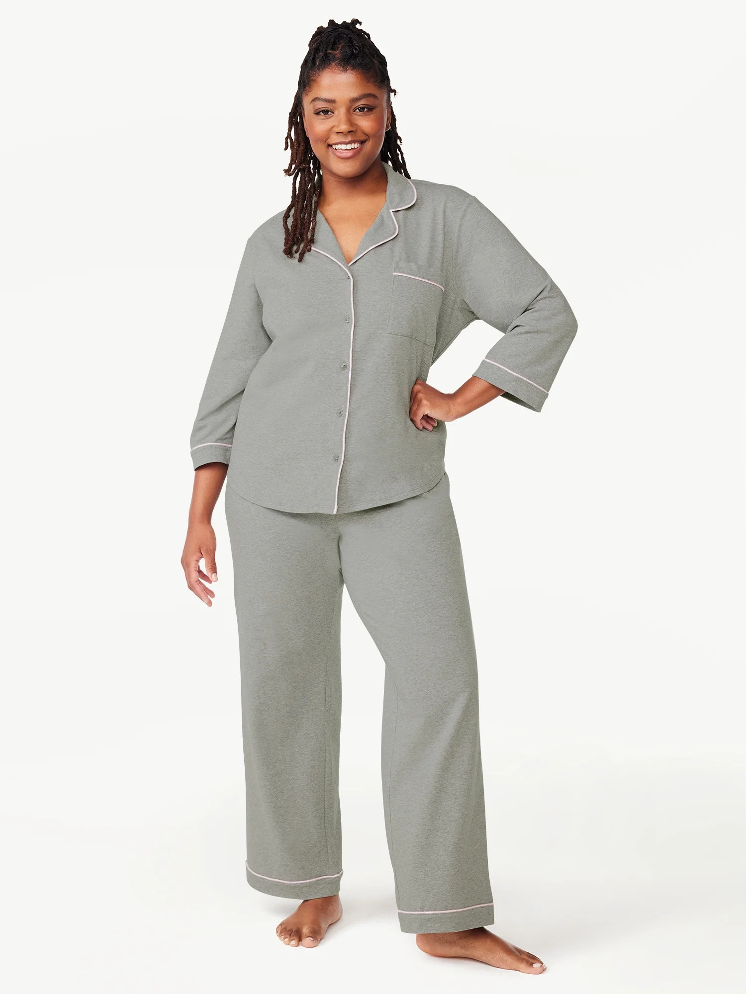 Joyspun Women’s Cotton Blend Notch Collar Top and Pants Pajama Set, 2-Piece, Sizes S-4X | Walmart (US)