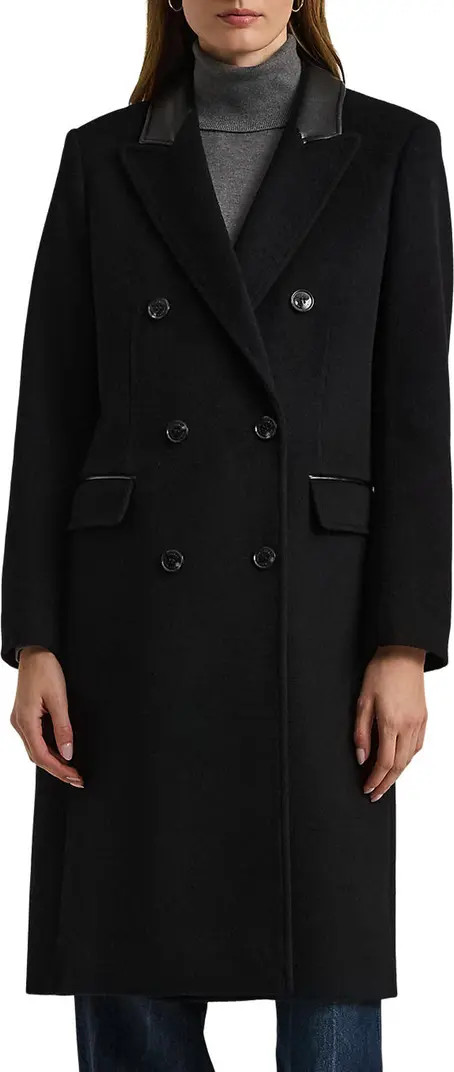 Faux Leather Trim Double Breasted Wool Blend Reefer Coat | Nordstrom