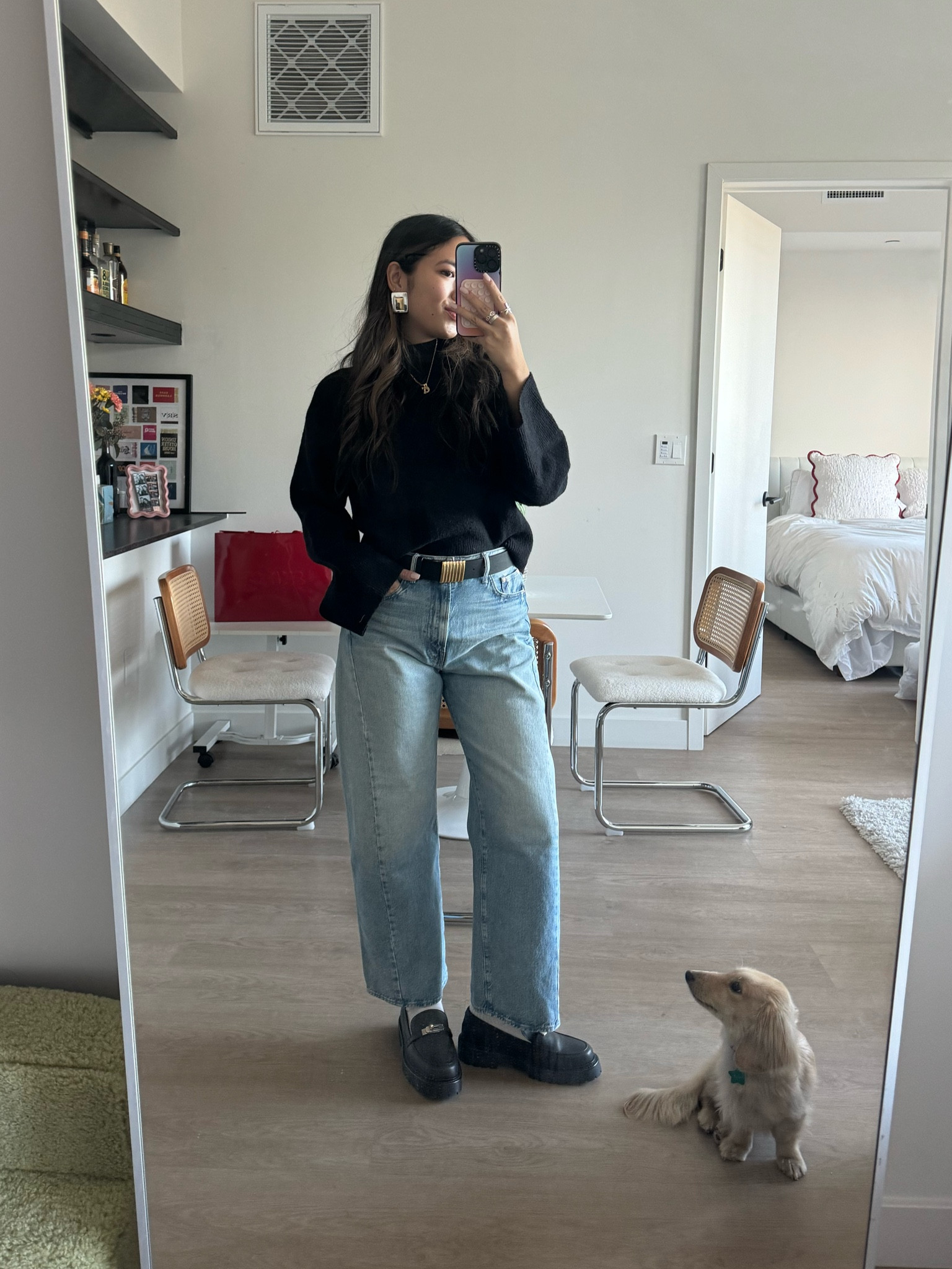 wearing 28 in jeans, S in belt 
sweater is old jcrew so linked alternatives 