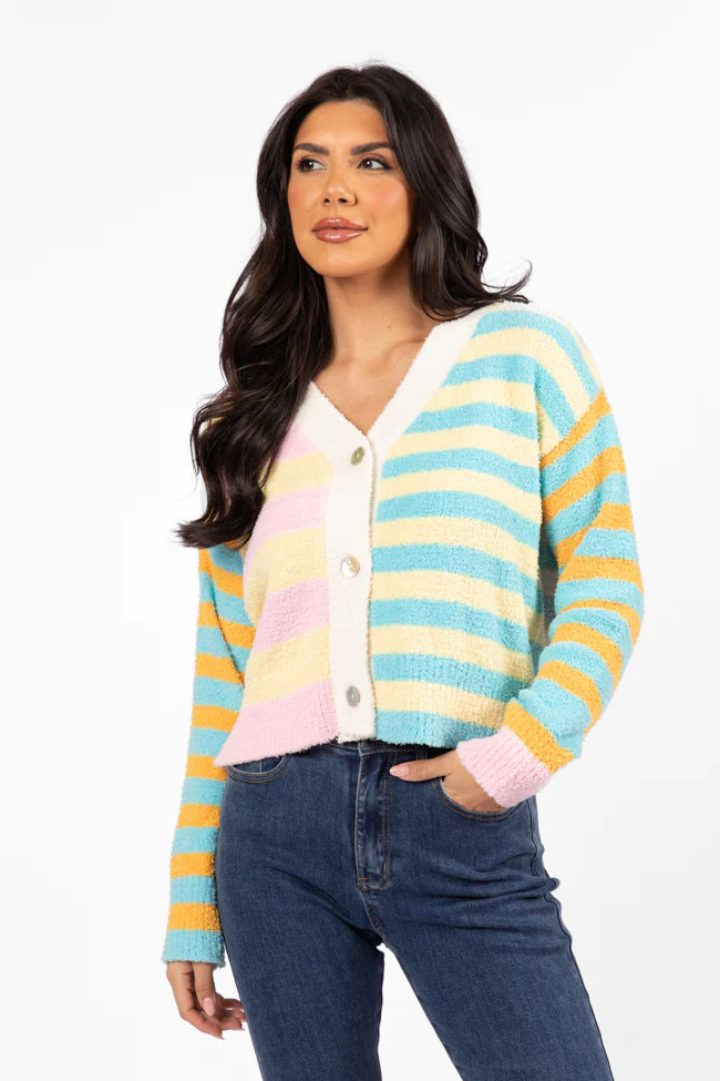 Check It Out Yellow, Blue, and Pink Fuzzy Cardigan DOORBUSTER | Pink Lily