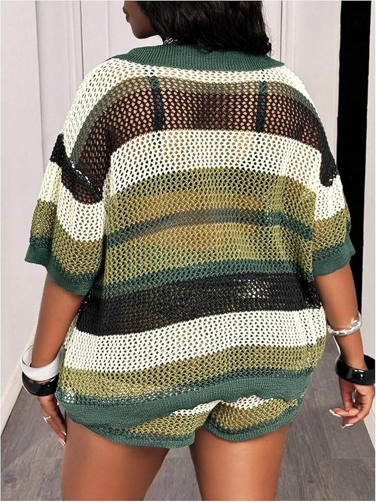 OYOANGLE Women's Plus Size Crochet Shorts Set Colorblock Striped Outfits | Amazon (US)