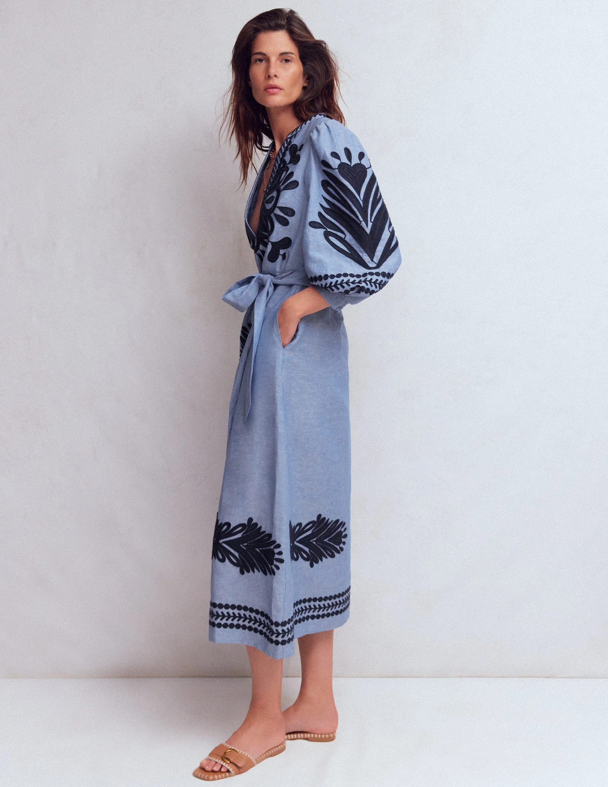 Octavia Linen Blend Dress-Embroidered Chambray | Boden UK