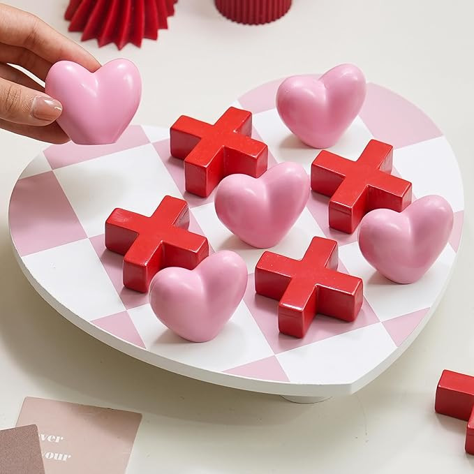Valentine's Day Tic Tac Toe Set, Wood Heart Shaped Board Game with X and O Pieces, Romantic Pink ... | Amazon (US)