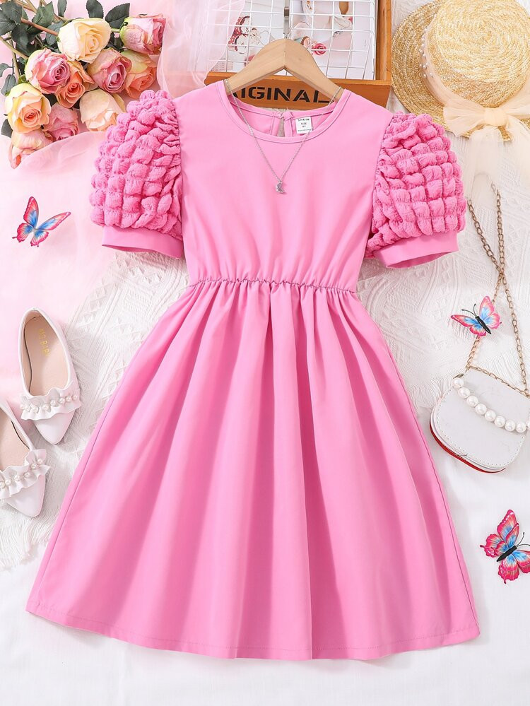 Girls Puff Sleeve Keyhole Back Dress | SHEIN