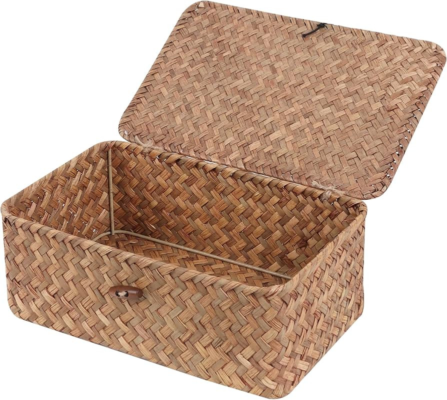 FEIALNDUO Wicker Shelf Baskets with Lid,Seagrass Storage Basket Bins Rectangular Handwoven Basket... | Amazon (US)