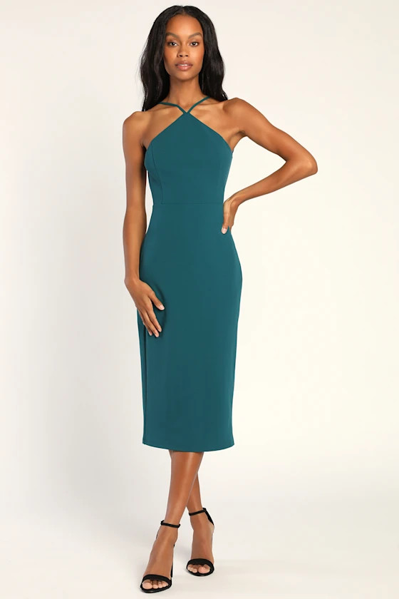 Gorgeous Evening Teal Blue Backless Halter Midi Dress | Lulus (US)