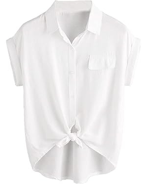 Milumia Women Casual Short Sleeve Button Down Collar Shirt Blouse Front Tie Knot Tops | Amazon (US)