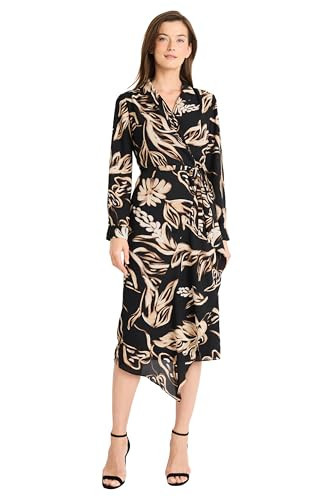 Maggy London Women's WRAP Front Shirt Dress, Black/Khaki | Amazon (US)