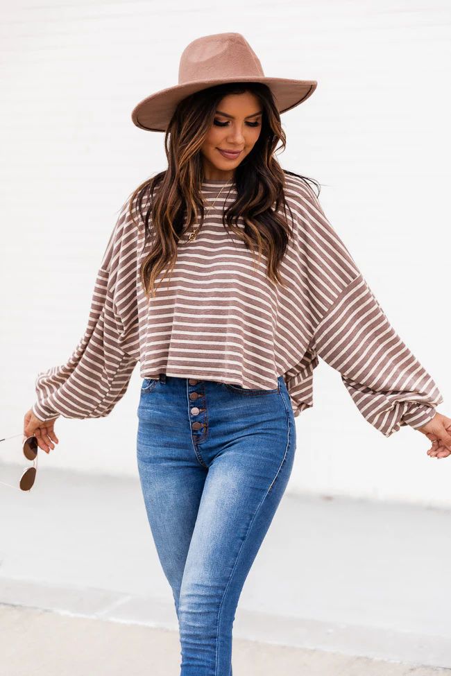 Sunday Stroll Brown Striped Long Sleeve Blouse | The Pink Lily Boutique
