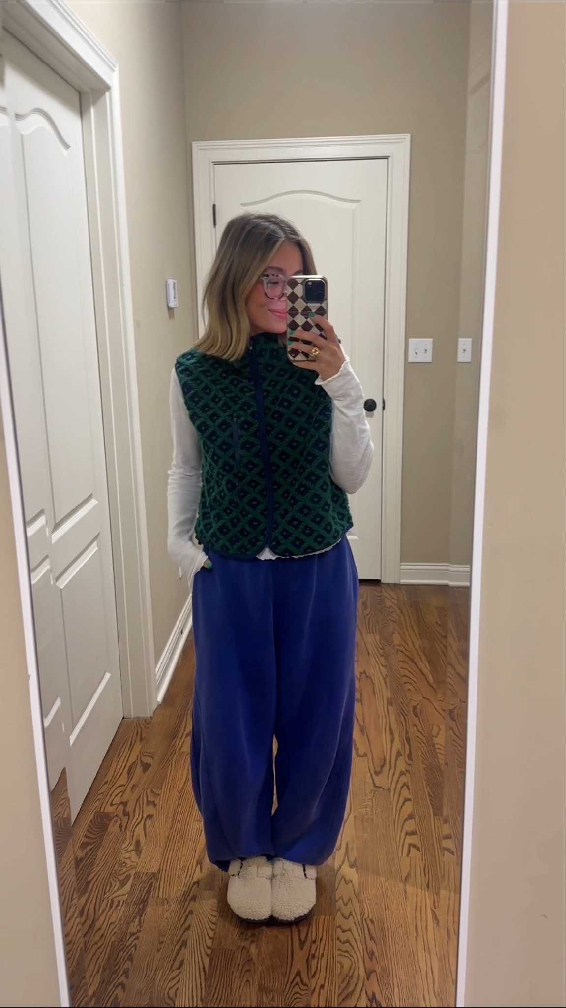 Wearing size small in the vest, sweats and tee! Can’t link the vest but it’s from shop midnight lunch 