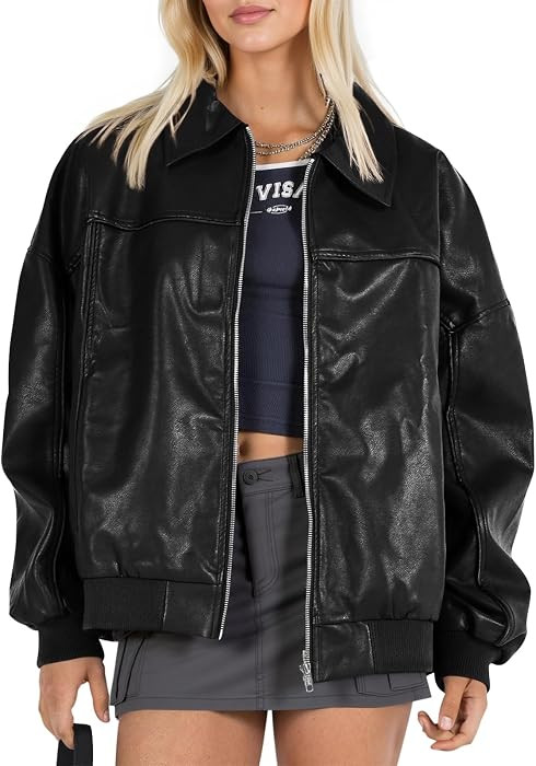 Tankaneo Womens Faux Leather Jacket Oversized Bomber Zip Motor Biker Coat | Amazon (US)