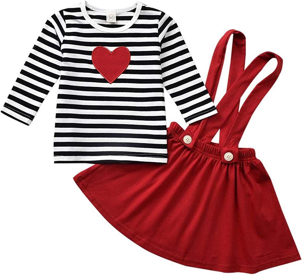 Toddler Baby Girls Valentines Day Outfits Suspender Skirt Striped Plaid Love Heart Clothes | Amazon (US)