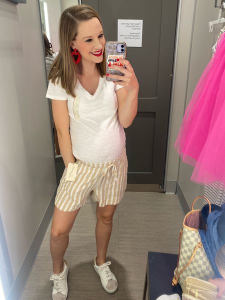 Target outfit idea!! Linen pull on shorts paired with white v neck tshirt and sneakers! Target shorts! Target sneakers!! Striped linen shorts!! 