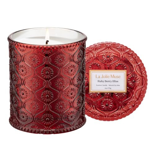 LA JOLIE MUSE Ruby Berry Bliss Scented Candle – Mandarin, Cranberry & Plum | 6 oz Festive Fall Candle | 40 Hours Clean Burn|Vibrant Scent| Gift for Hosts|Fall Tablescapes | Amazon (US)