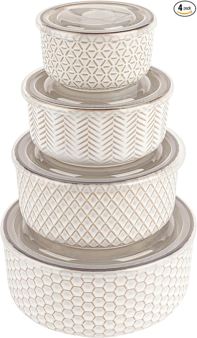 KooK Ceramic Nesting Bowls, with Lids, Embossed, Food Storage Containers, Kitchen Bowl Set, Prep,... | Amazon (US)