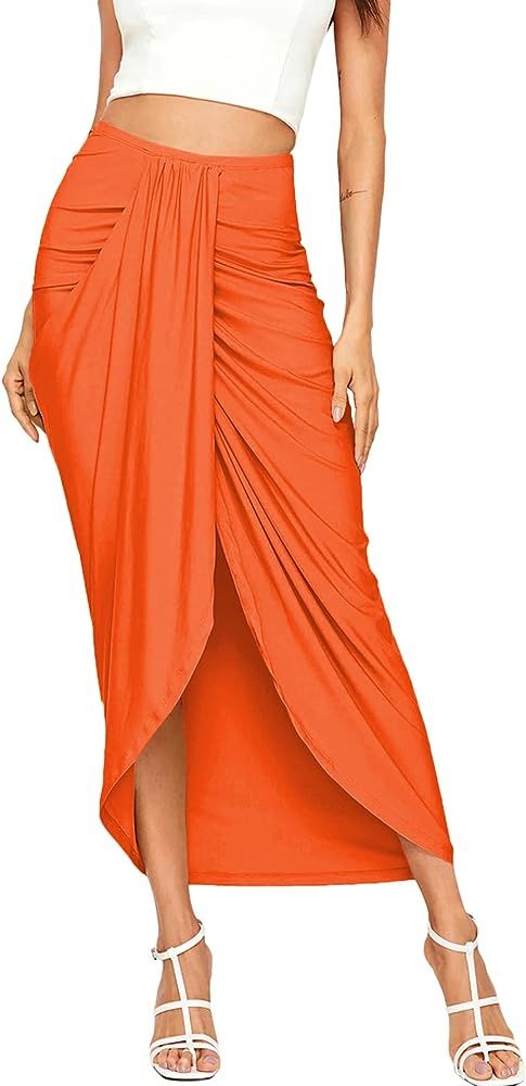 SheIn Women's Casual Slit Wrap Asymmetrical Elastic High Waist Maxi Draped Skirt | Amazon (US)