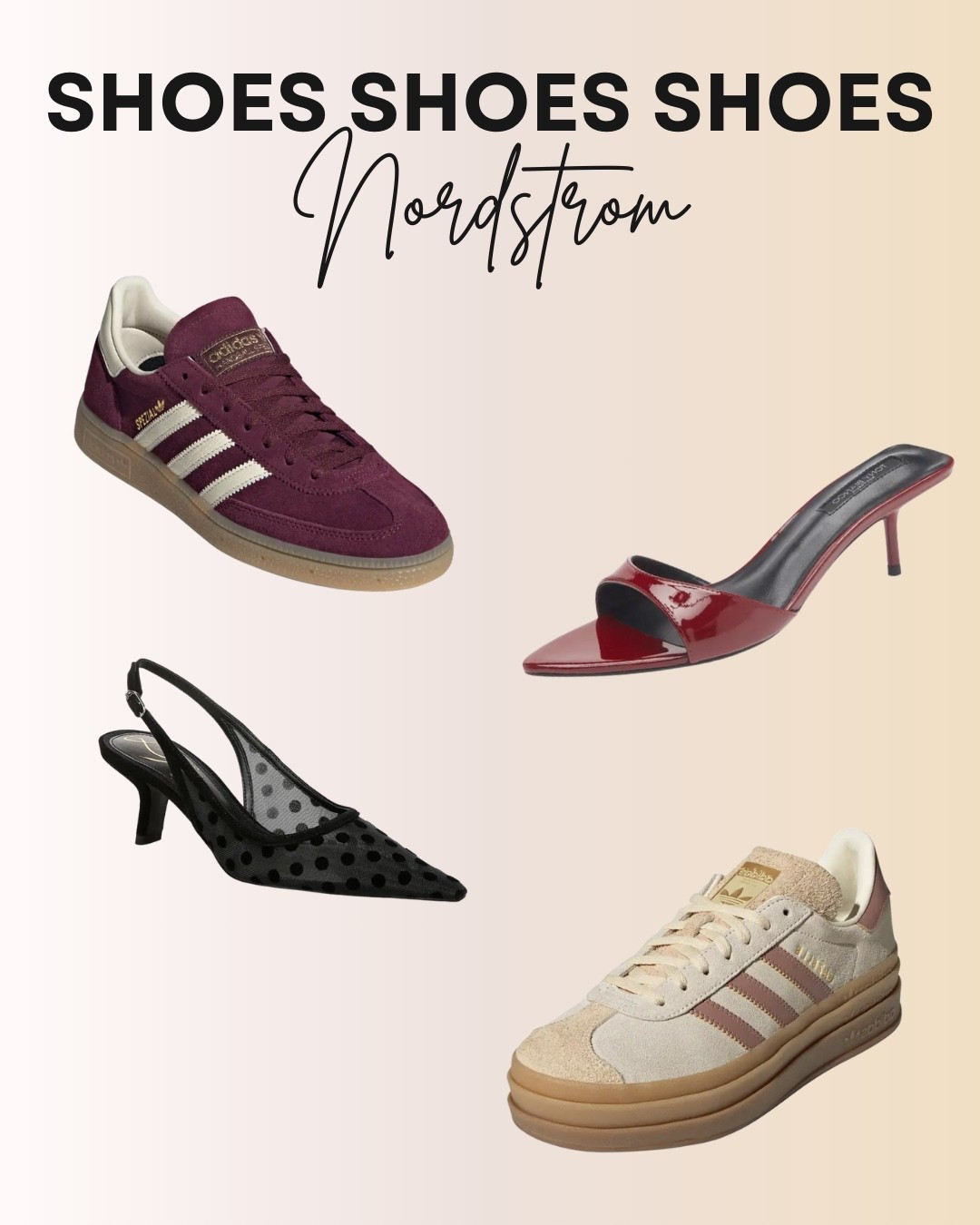 Step into style with these Nordstrom shoe picks, from sporty sneakers to chic heels. The collection features classic Adidas trainers in rich burgundy and neutral tones, playful black polka-dot slingbacks, and sleek red patent mules. Perfect for elevating your everyday looks or adding a statement touch to your night-out outfits.

#LTKShoeCrush