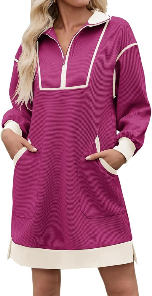 Wenrine Women's Oversized Sweatshirt Dress Half Zip V Neck Long Sleeve Contrast Fall Casual Mini ... | Amazon (US)