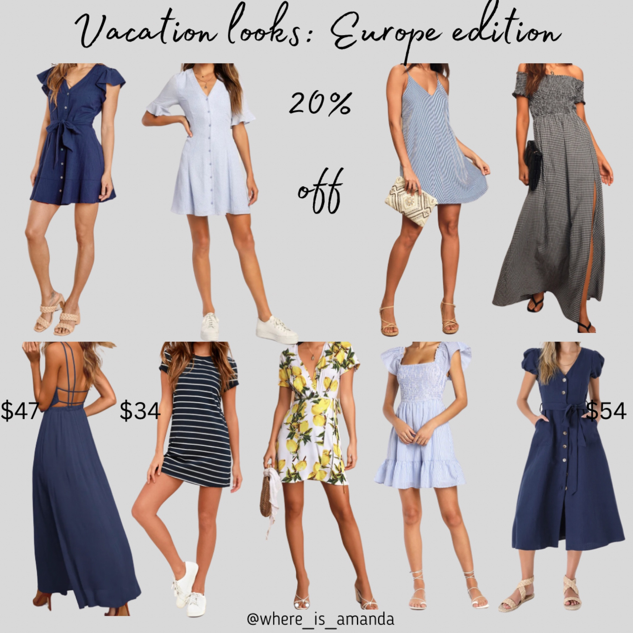 Vacation Outfits. Everything is 20% off with code: GIRLSRULE20

Vacation looks, resort wear, European vacation, Italy looks, maxi dress, midi dress, mini dress, euro trip, what to wear in Europe, daytime looks, blue dress, navy dress, lemon dress 

#LTKsalealert #LTKSeasonal #LTKeurope
