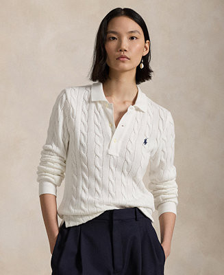 Women's Cable-Knit Cotton Long-Sleeve Polo Shirt Sweater | Macy's