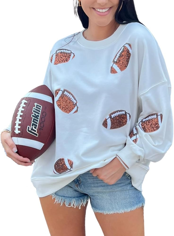 Womens Sparkle Football Sequin Rugby Sweatshirt Game Day Y2K Crewneck Oversized Shirt Long Sleeve... | Amazon (US)