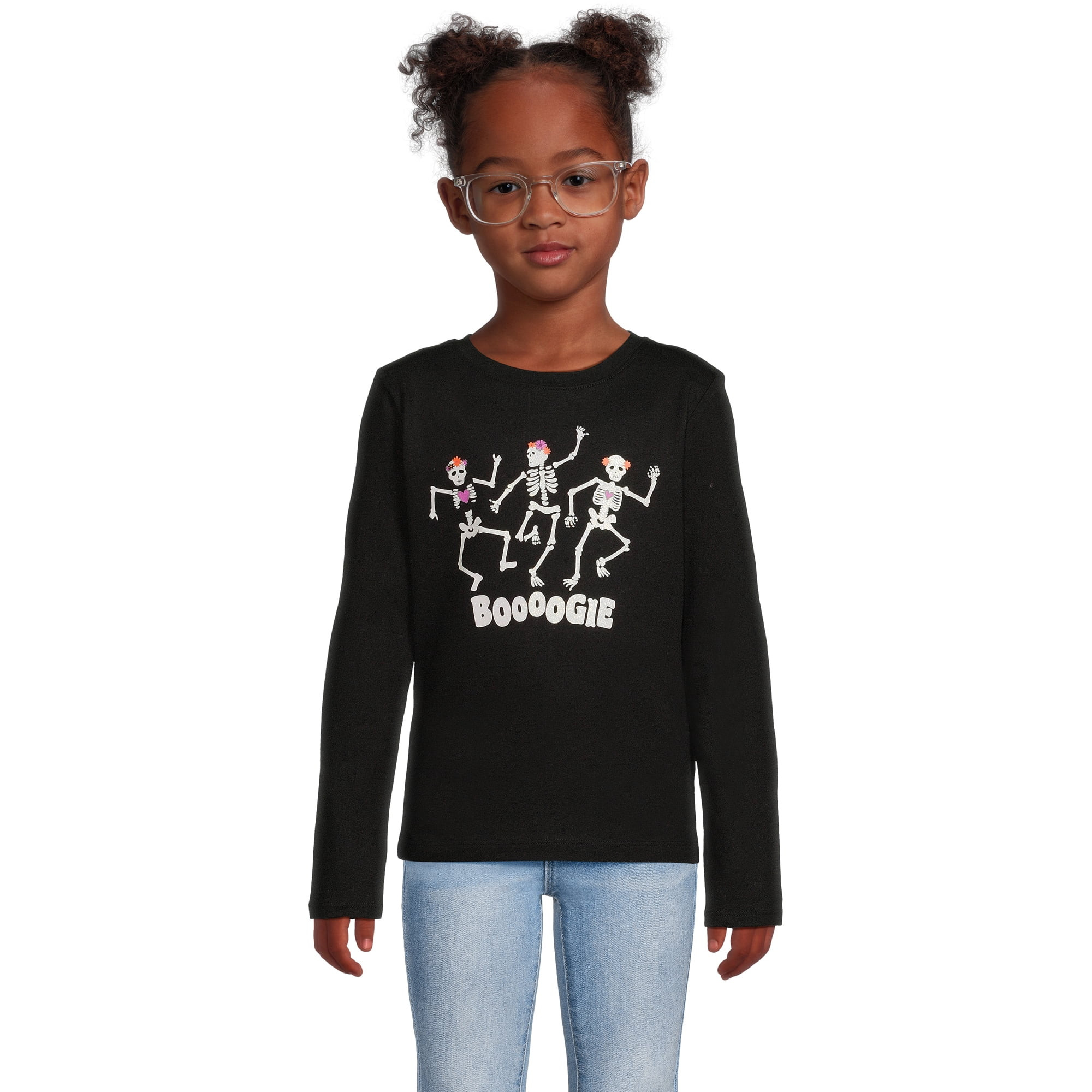 Wonder Nation Girls Halloween Dancing Skeletons Long Sleeve T-Shirt, Sizes 4-18 | Walmart (US)