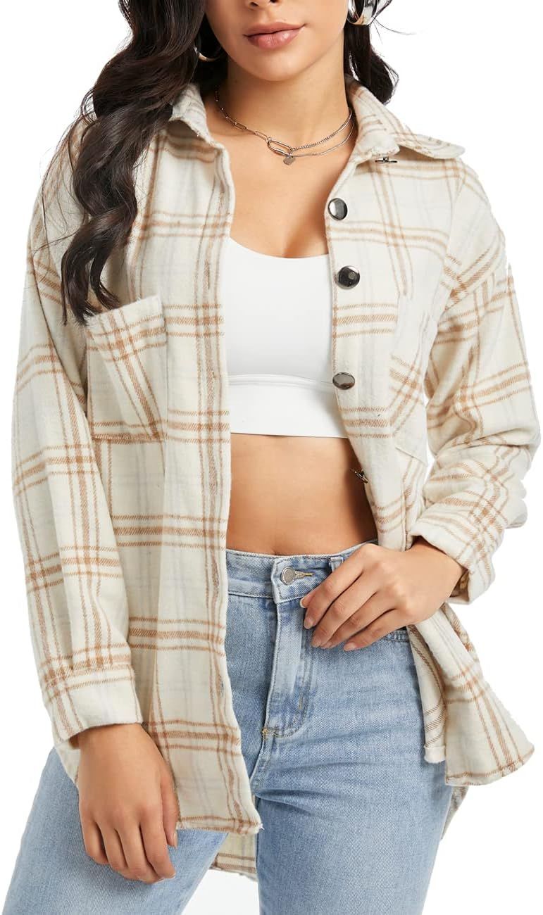 Plaid Shacket Jacket Womens Long Plus Size Flannel Shirt Jacket Sleeve Button Down Tops | Amazon (US)