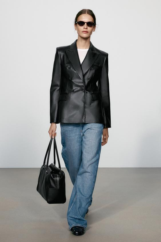 Zara - Faux Leather Double-Breasted Blazer - Black - Xl - Woman | Zara US
