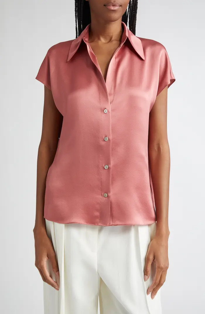 Vince Cap Sleeve Gathered Back Short Sleeve Silk Button-Up Shirt | Nordstrom | Nordstrom