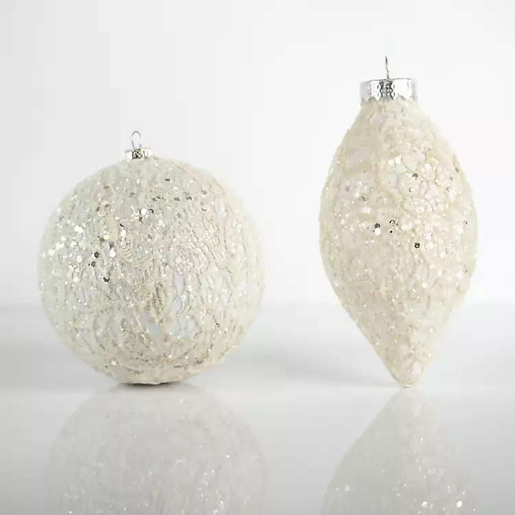 New! Assorted White Lace Glitter Ornaments | Kirkland's Home