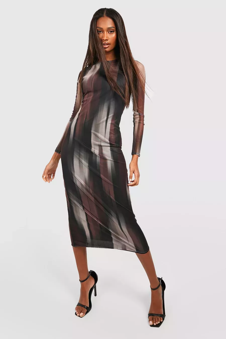 Abstract Mesh Long Sleeve Maxi Dress
