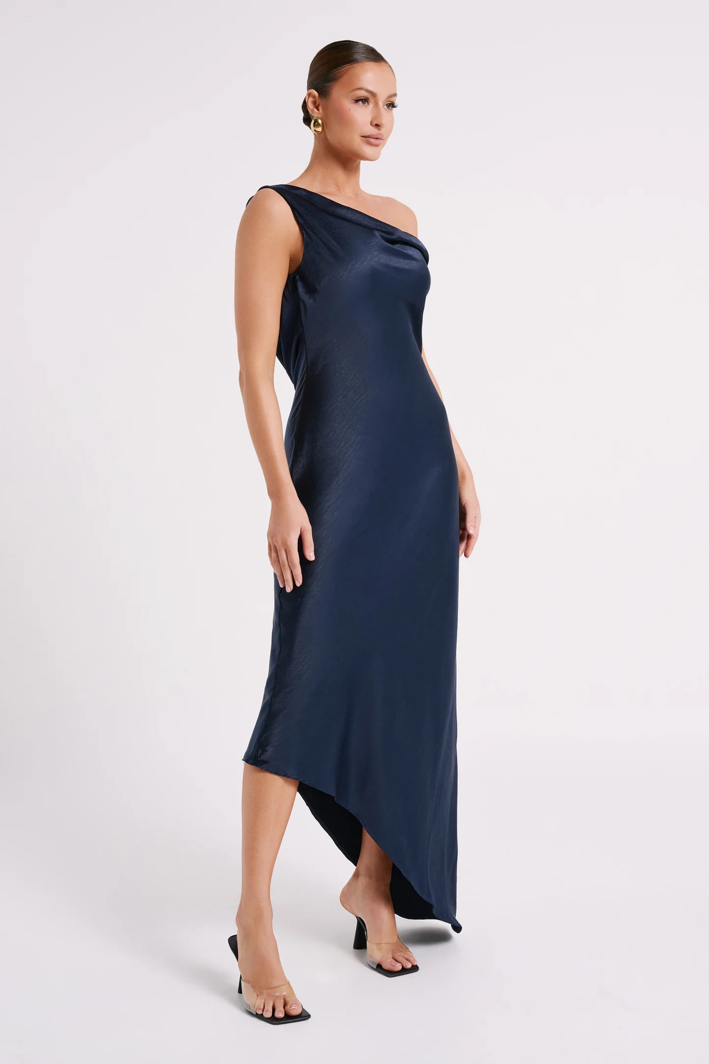 Yvette Slip Maxi Dress With Asymmetrical Hem - Navy | MESHKI US