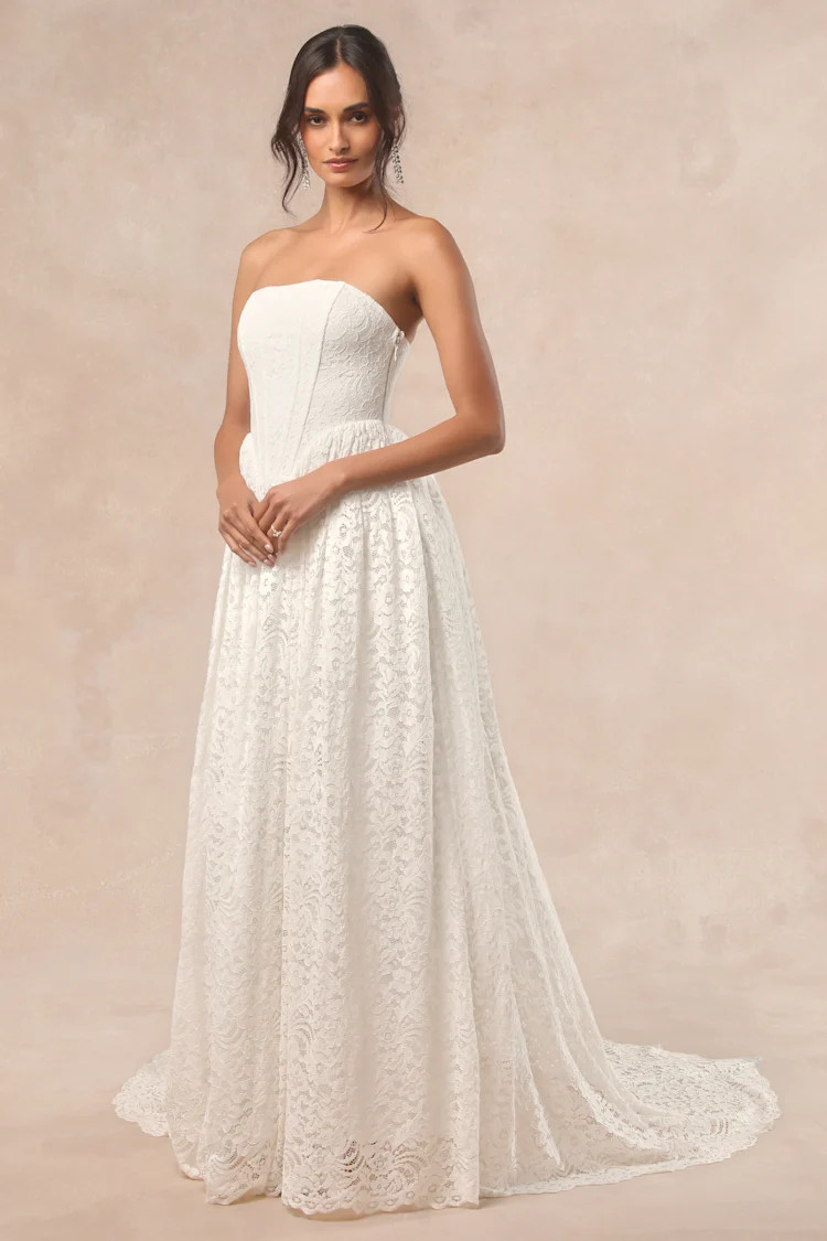 Shiori White Lace Bustier Basque Waist Strapless Maxi Dress | Lulus