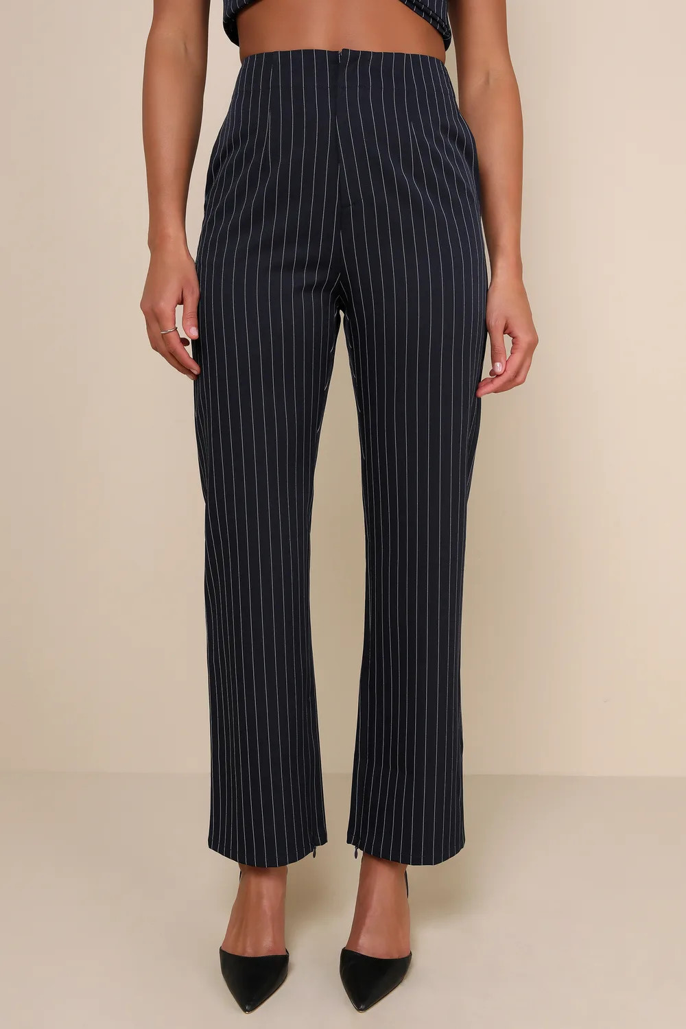 Confident Appeal Navy Blue Pinstripe High Rise Pants | Lulus