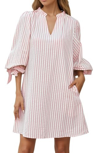EZAPINE Striped Dress for Women V Neck 3/4 Bow Puff Sleeve Summer A Line Flowy Shirt Dress with Pockets Red | Amazon (US)