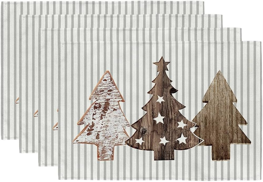 ARKENY Christmas Placemats 12x18 Inches Set of 4,Wooden Tree Star Winter Seasonal Burlap Grey Str... | Amazon (US)