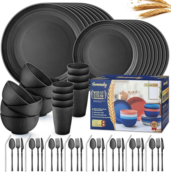 Wheat Straw Dinnerware Sets,64-Piece Black Plates and Bowls Sets for 8-Unbreakable,Reusable Plast... | Amazon (US)