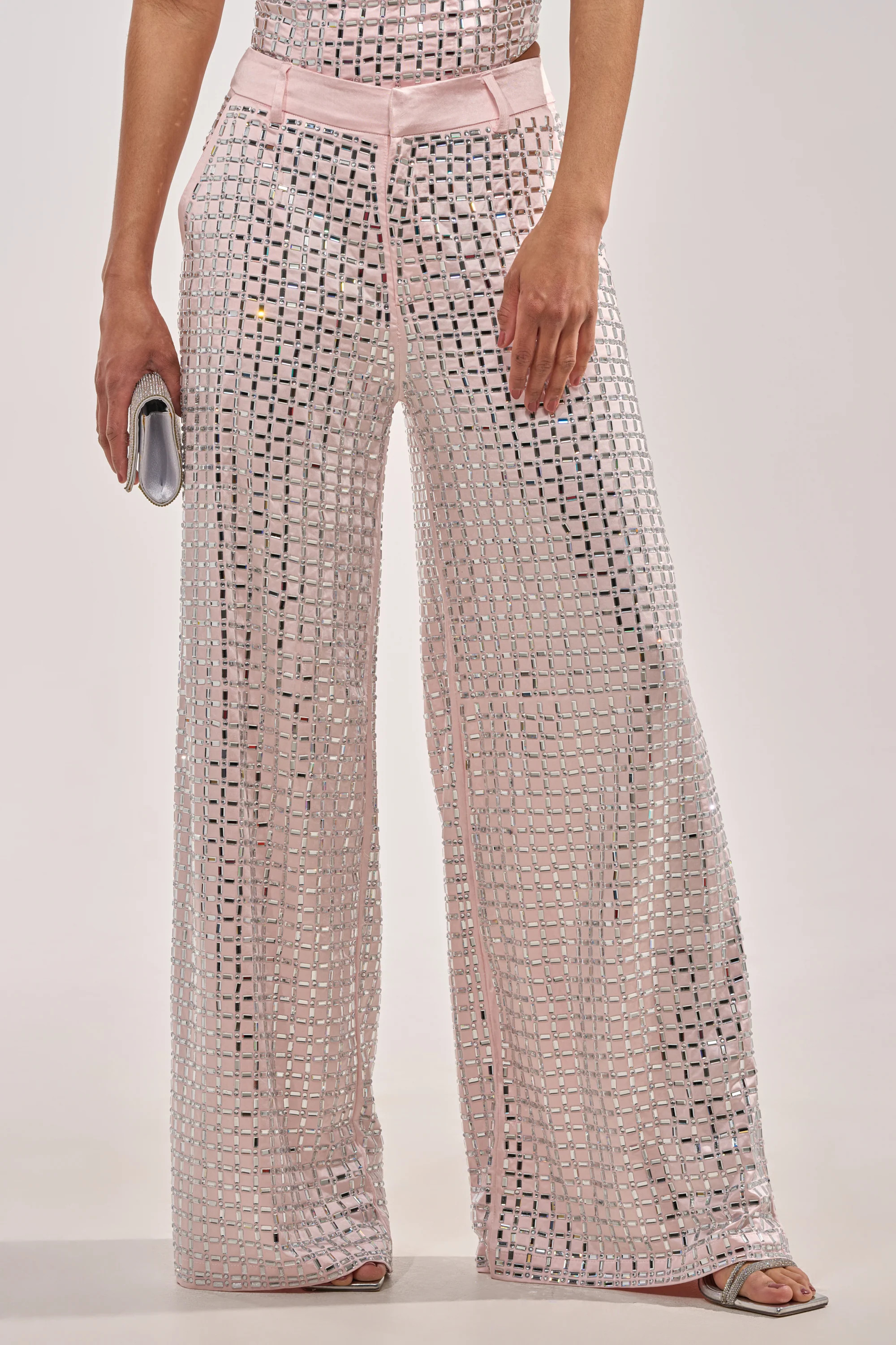 LILA EMBELLISHED SATIN TROUSER IN LIGHT PINK | AKIRA