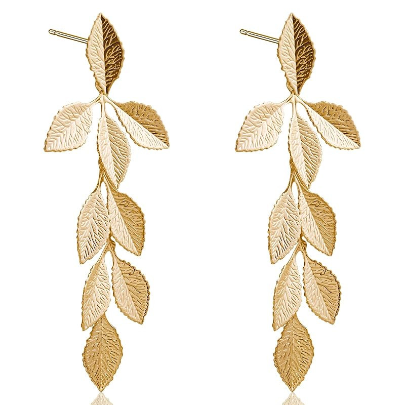 Gold Long Leaf Stud Earrings Hypoallergenic Leaf Dangling Earrings for Women Plant Earrings for G... | Amazon (CA)