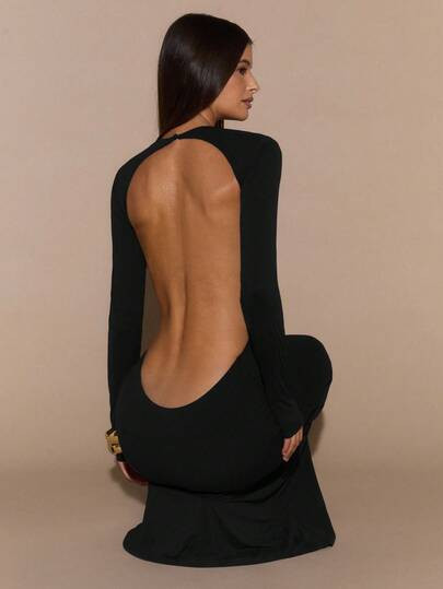 SHEIN BAE Solid Brown Long Sleeve Sexy Backless Fitted Elegant Extra Long Mermaid Dress, Elegant Dress, Extra Long Knit Dress For Autumn/Winter,Dresses For Women Elegant ,Elegant Party Dresses,Dresses For Women Elegant,Dresses For Women Elegant,Black Dress | SHEIN