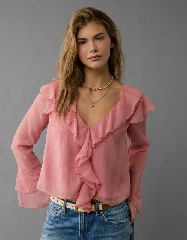 AE Long-Sleeve Chiffon Ruffle Blouse | American Eagle Outfitters (US & CA)