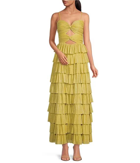 Grace Metallic Plisse Sweetheart Neck Cut-Out Tiered Tea Length Dress | Dillard's