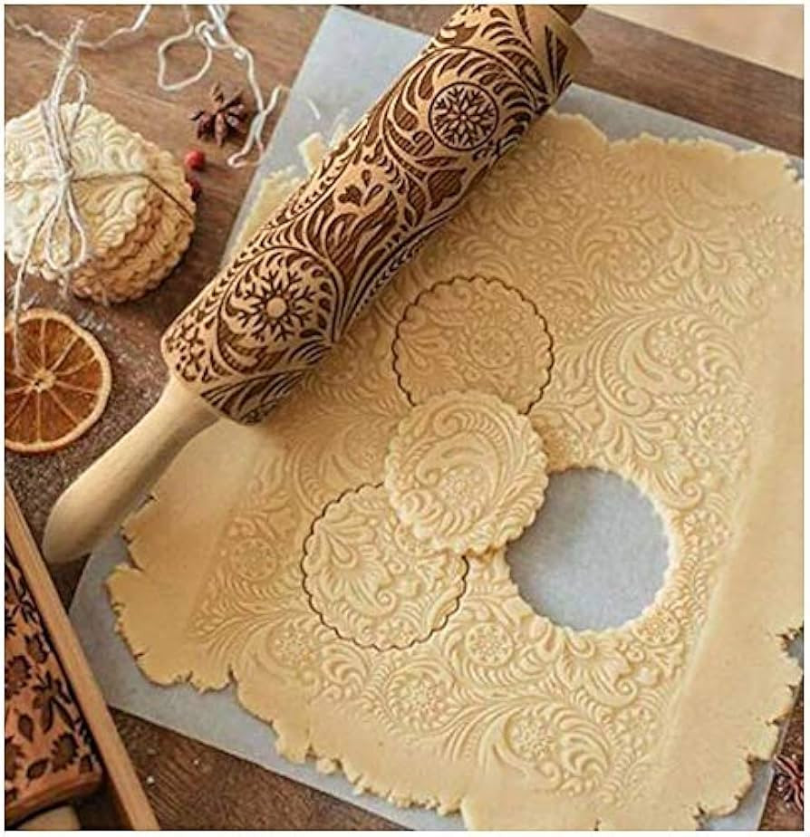 Embossed Rolling Pins for Christmas,3D Paisley Pattern Flower Snowflake rattan Wooden Roll Pin La... | Amazon (US)