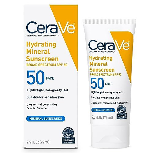 CeraVe 100% Mineral Sunscreen SPF 50, Face sunscreen With Zinc Oxide & Titanium Dioxide, Hyaluronic Acid + Niacinamide + Ceramides, Oil Free, Travel Size 2.5 oz | Amazon (US)