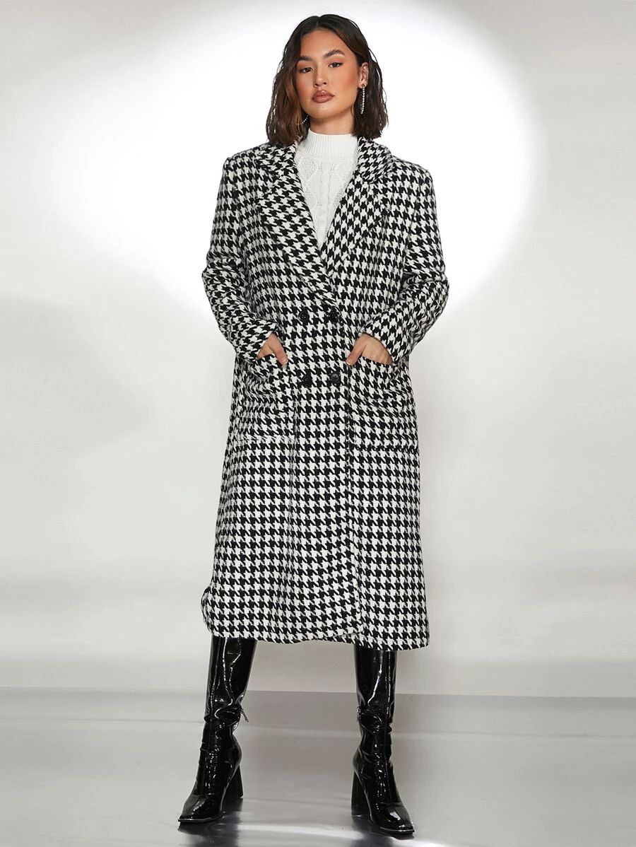 SHEIN Houndstooth Print Double Breasted Overcoat | SHEIN