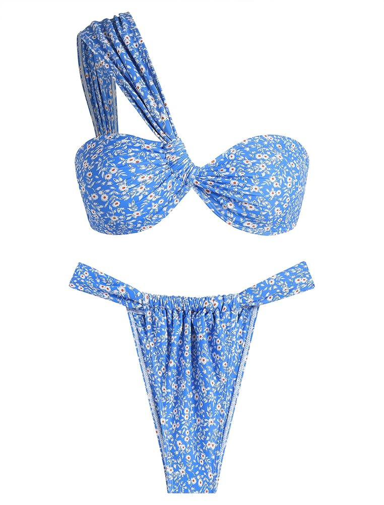 ZAFUL Women's One Shoulder Bikini Twisted Ruched High Cut Bandeau Bikini Set Two Piece Swimsuit | Amazon (US)